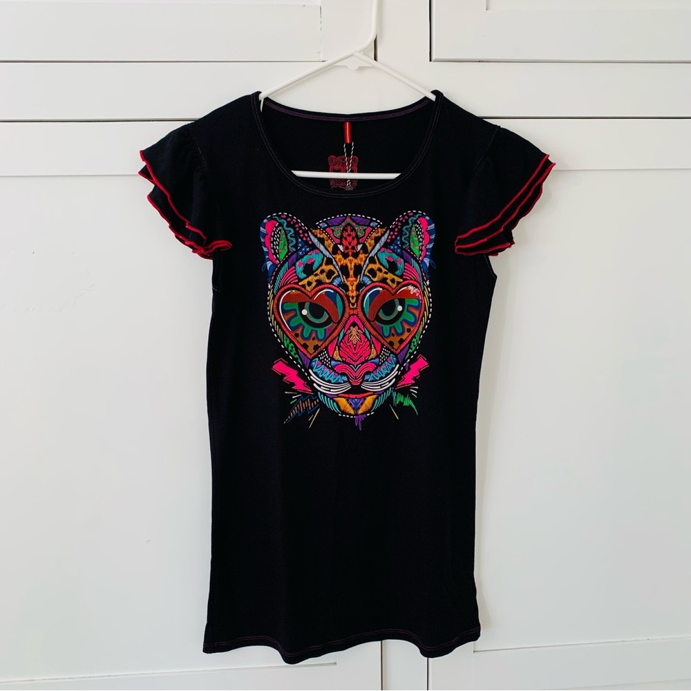 Ay Guey Black Multicolor Puma Rare Mexico Ruffle T-Shirt Size Large